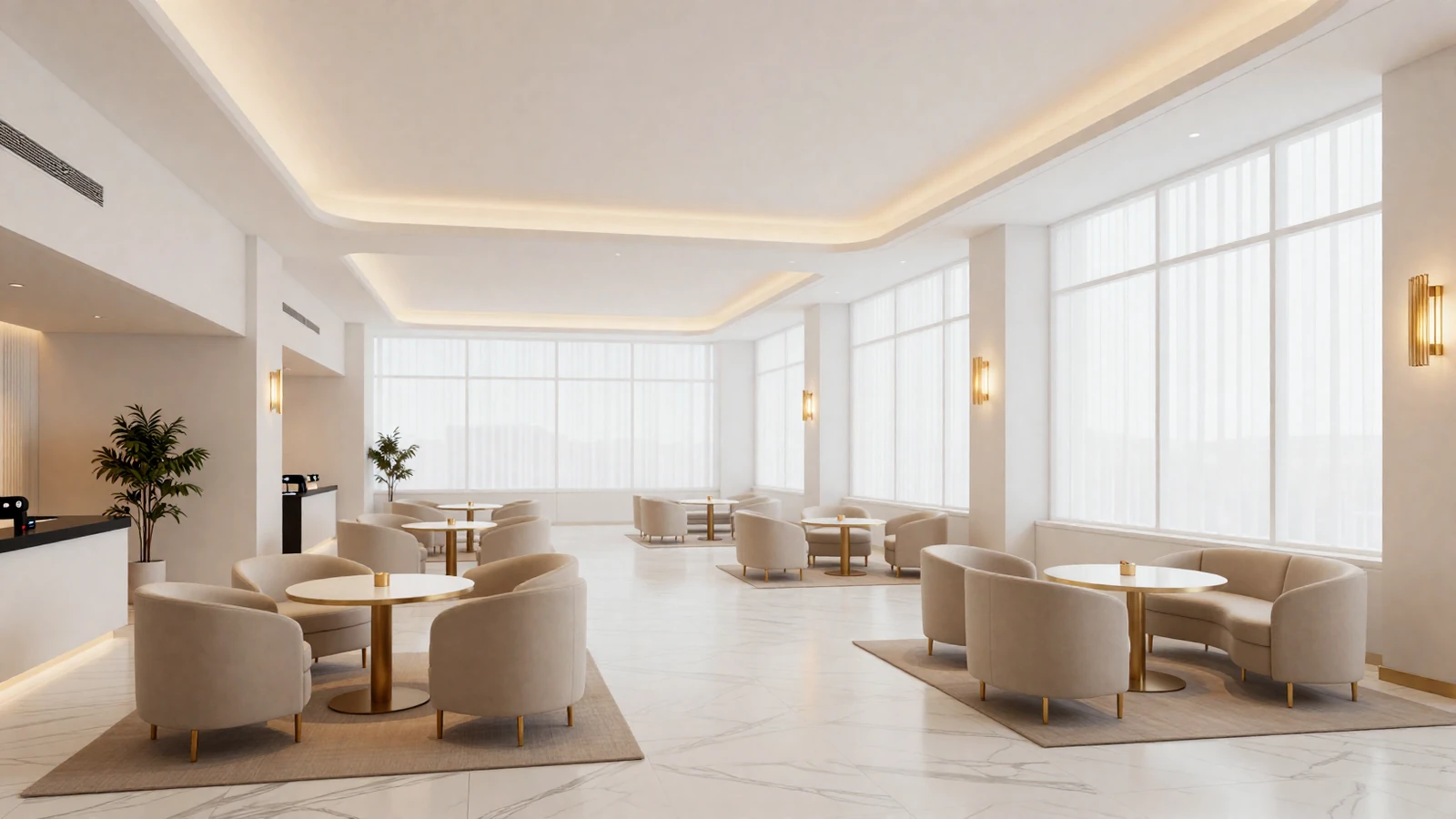 Eleganckie wnętrze BIAŁY SALON - jasna, minimalistyczna przestrzeń z marmurową podłogą i złotymi akcentami