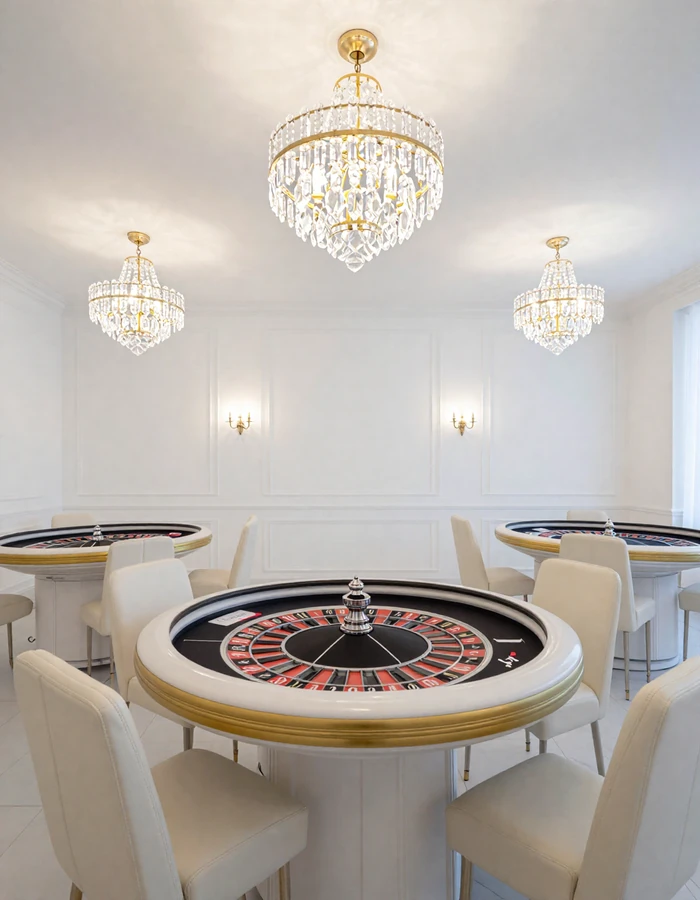 Elegancka sala gier BIAŁY SALON z ruletkowym stołem o złotych wykończeniach w jasnym minimalistycznym wnętrzu