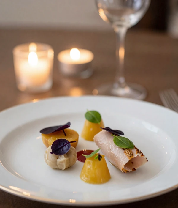 Eleganckie danie kuchni europejskiej na białym talerzu ze złotą obwódką w restauracji BIAŁY SALON