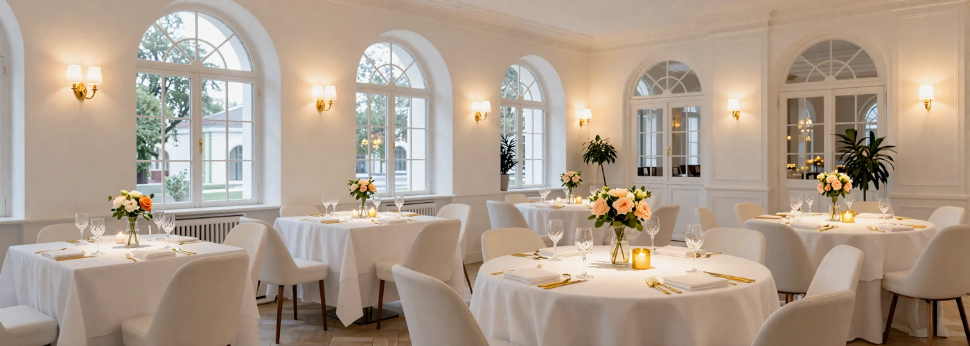 Jasna, elegancka restauracja BIAŁY SALON z białymi obrusami, kryształowymi kieliszkami i złotymi sztućcami w europejskim stylu